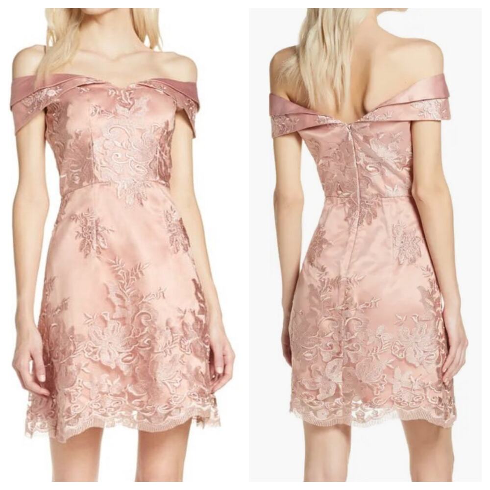 Chi Chi London Mini Dress Off the Shoulder Embroidered Pink Satin New